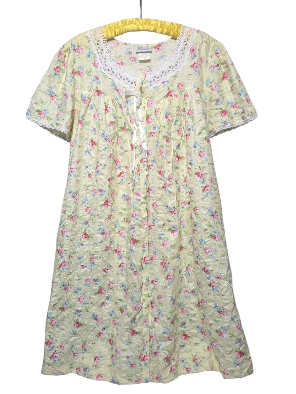 Vintage Housedress Nightgown Mumu Lace Collar Yellow Pink Cottage Grandmacore 1X
